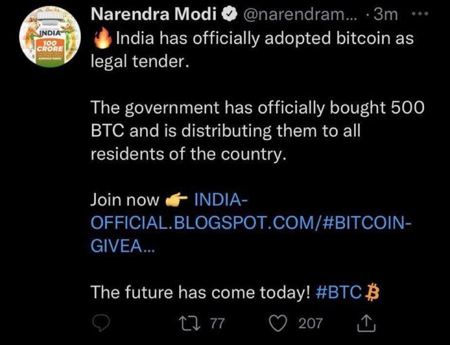 Мошенники опубликовали твит на странице премьера Индии dqxikeidqxiqxtsld